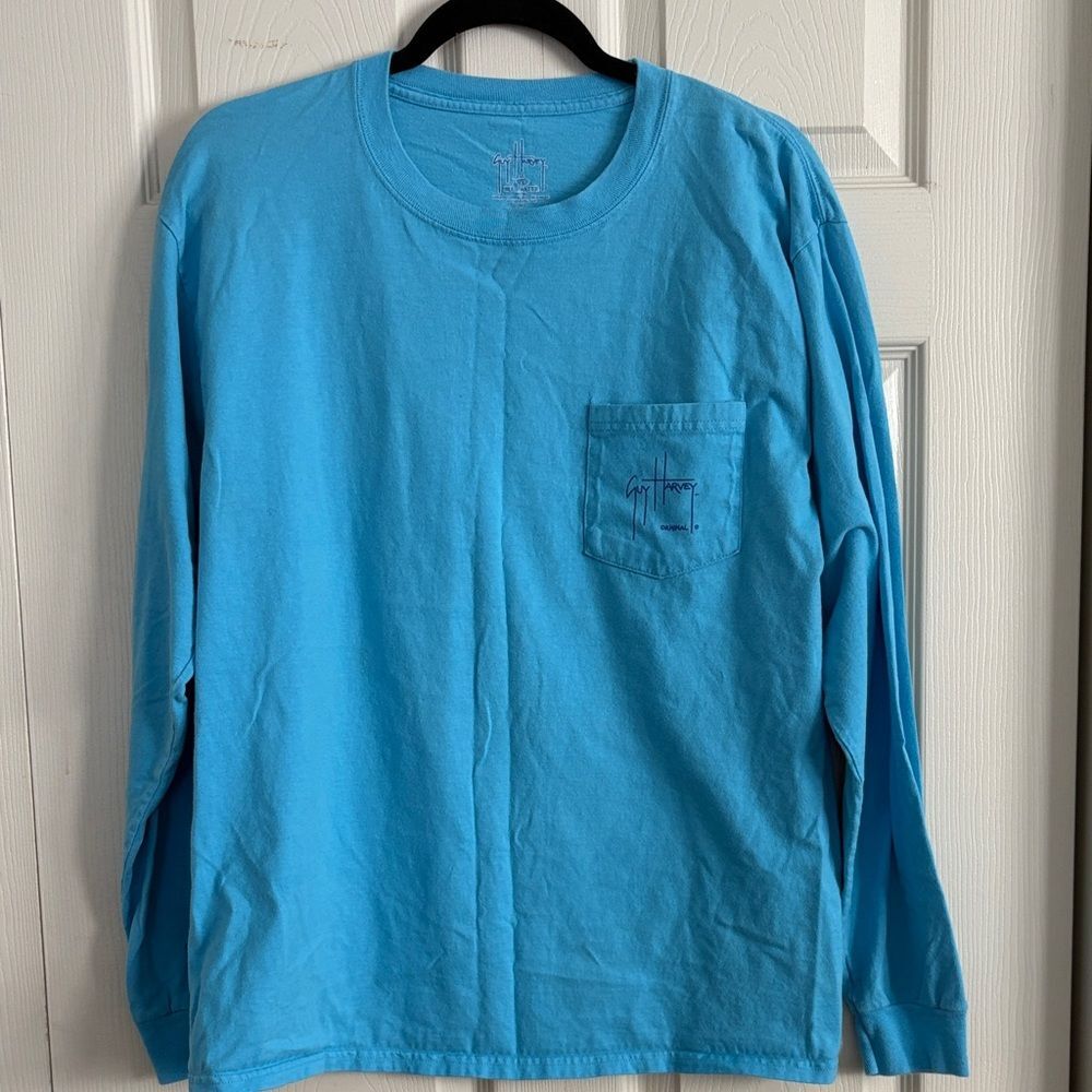 ❤️ Guy Harvey Aqua Men’s Long Sleeve Tshirt Medium chest pocket sailfish design